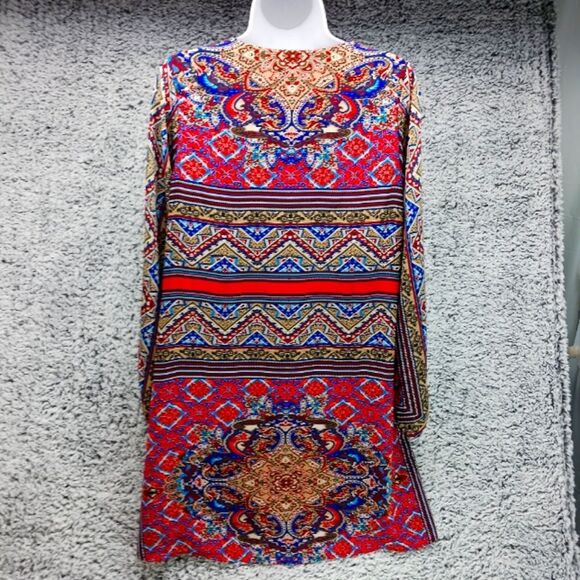 CATO Woman's Medium Lined Midi V- Neck Long Sleeve Multicolor Pattern. Blue/ Red - Picture 5 of 13